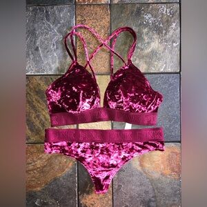 PINK Crushed Velvet Velour Bralette Thong Set Size Medium